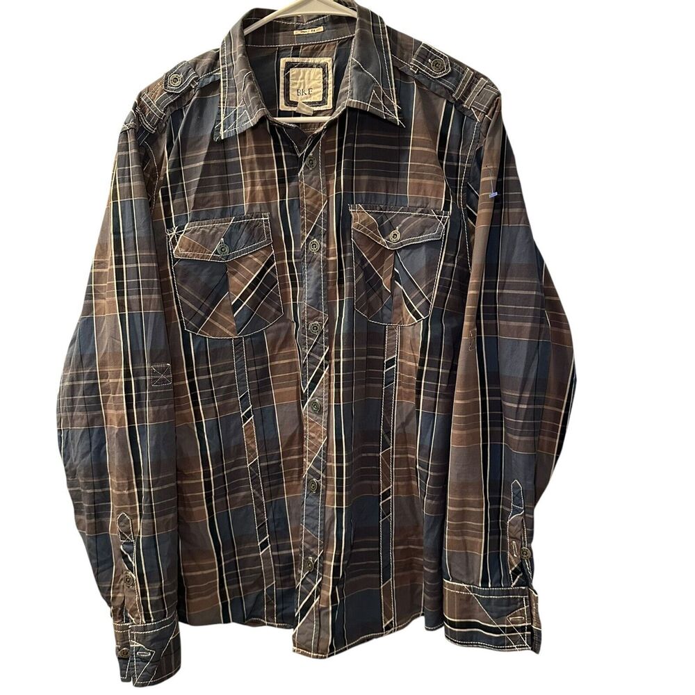 BKE Plaid Button Up Shirt Men's Size Large Slim Fit Blue/Brown Hiking Cabincore